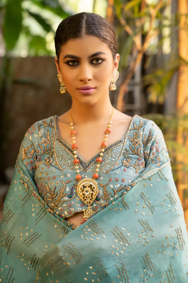 Gold & White Kundan Necklace With Coral Stones and Pearls