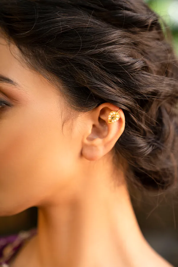 Gold & White Pearl Kundan Earcuff Earrings