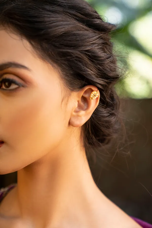 Gold & White Pearl Kundan Earcuff Earrings