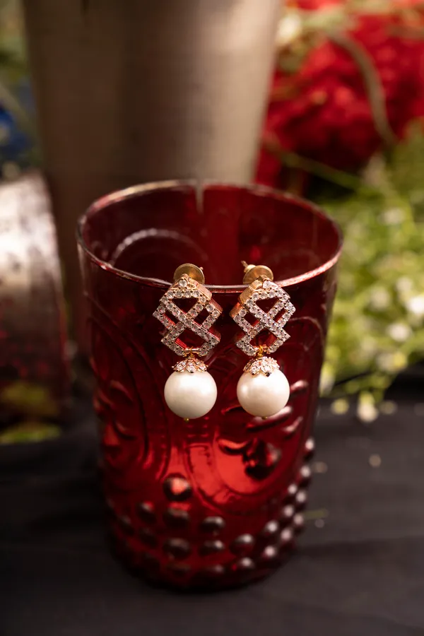 Gold & Silver White Pearl Drop Zirconia Earrings