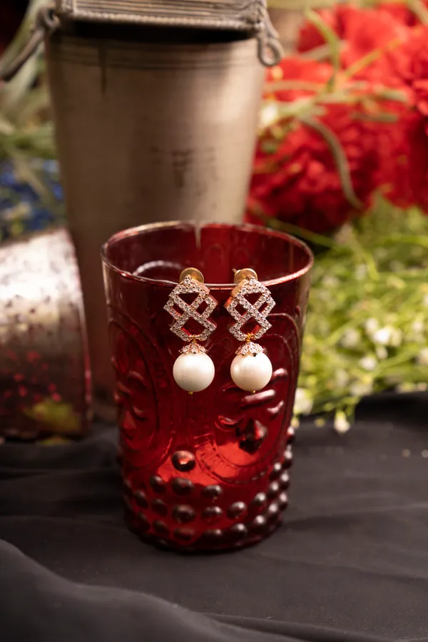 Gold & Silver White Pearl Drop Zirconia Earrings