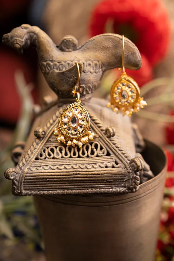 Gold & White Kundan Drop Earrings With Pearls