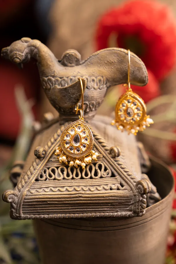 Gold & White Kundan Drop Earrings With Pearls