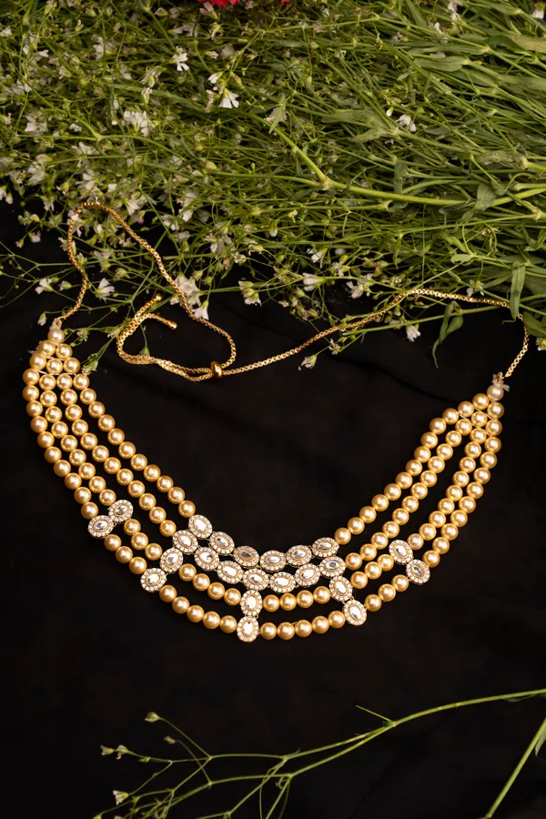 Four Line Gold Pearl Zirconia Necklace