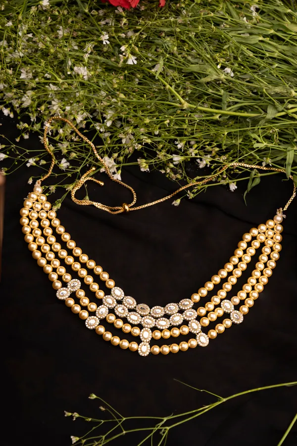 Four Line Gold Pearl Zirconia Necklace