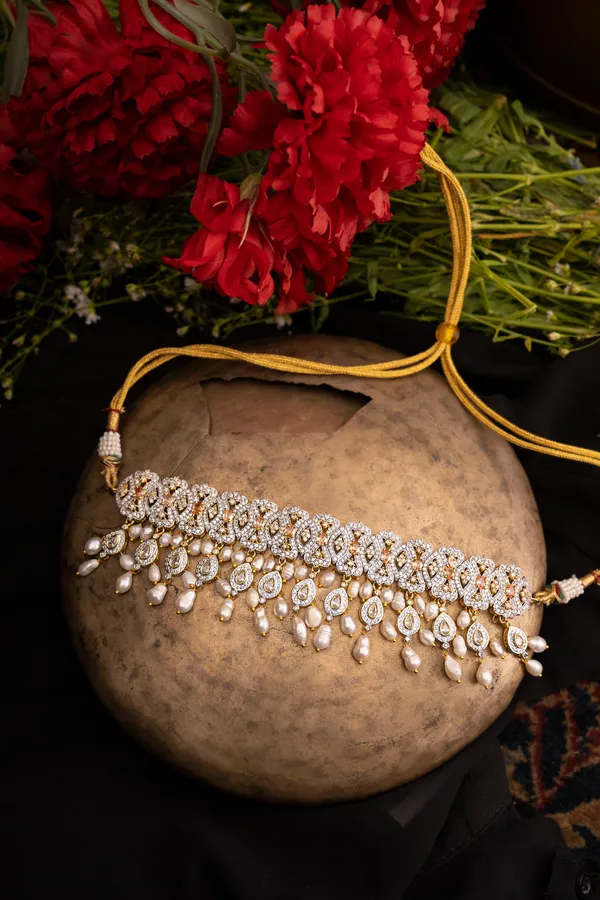 Statement Gold & White Zirconia Baroque Pearl Necklace