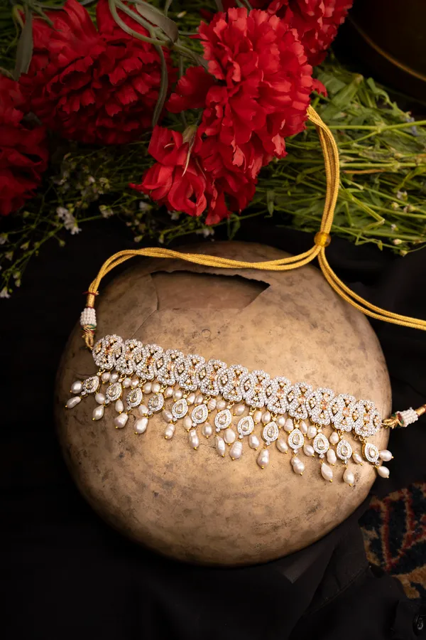 Statement Gold & White Zirconia Baroque Pearl Necklace