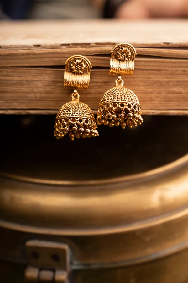 Golden Regal Jhumki With Golden Beads Earrings