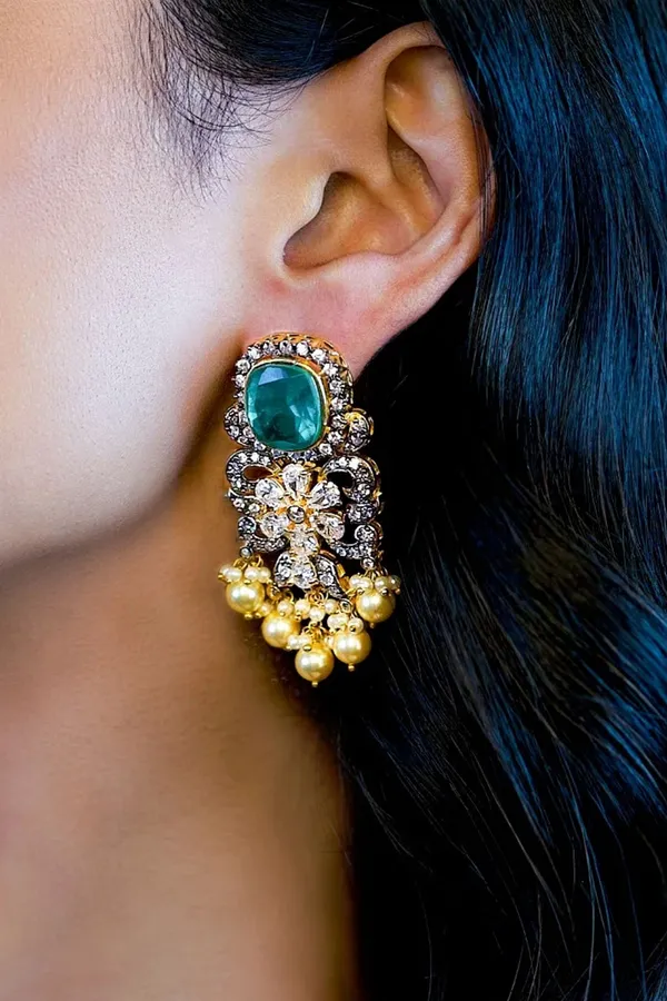 Statement Zirconia Dual Finish Green Dublet Stone Earrings With Pearls