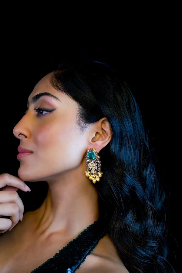 Statement Zirconia Dual Finish Green Dublet Stone Earrings With Pearls