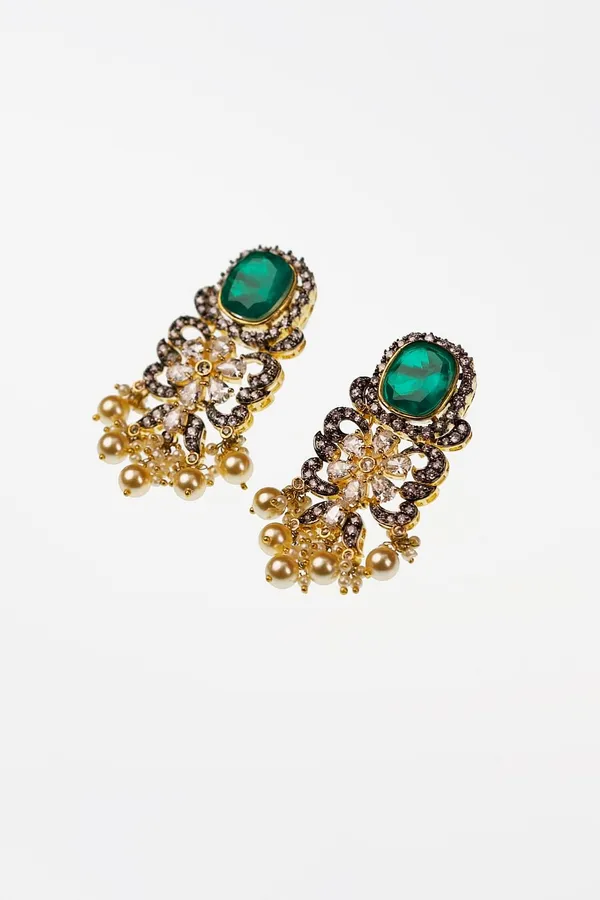 Statement Zirconia Dual Finish Green Dublet Stone Earrings With Pearls