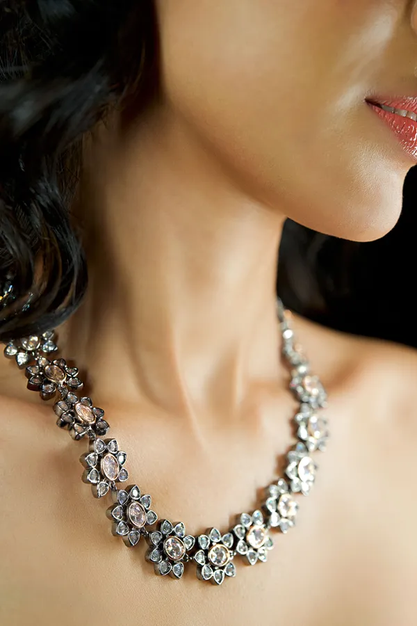 Dual Finish Flower Zirconia Necklace