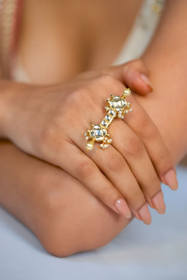 Gold & White Pearls Kundan Ring