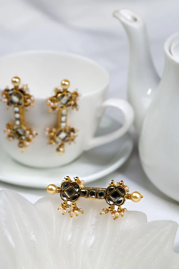 Gold & White Pearls Kundan Ring