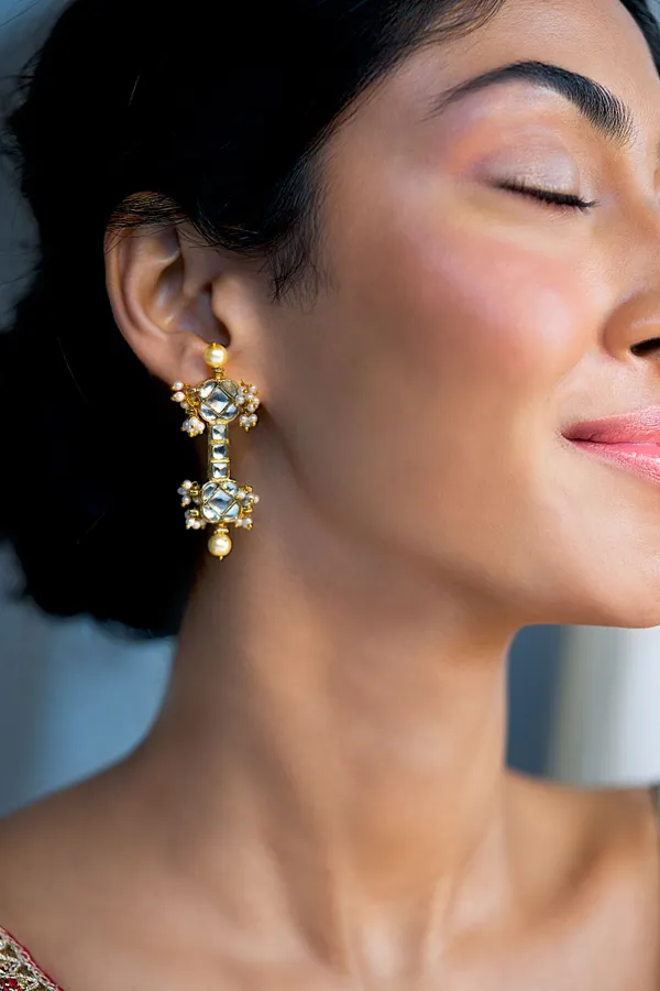 Gold & White Pearls Kundan Dangler Earrings