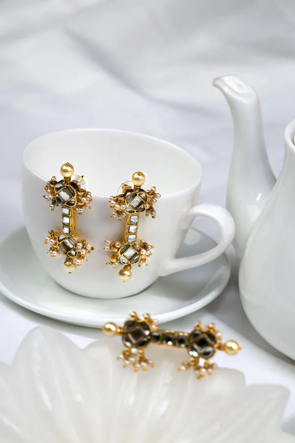 Gold & White Pearls Kundan Dangler Earrings