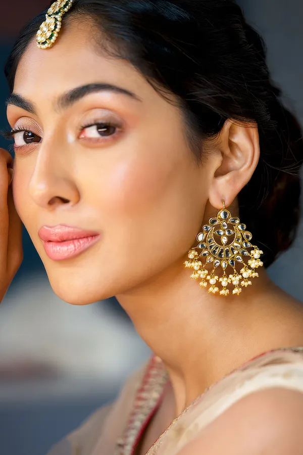 Statement Gold & White Kundan Chandbali Earrings
