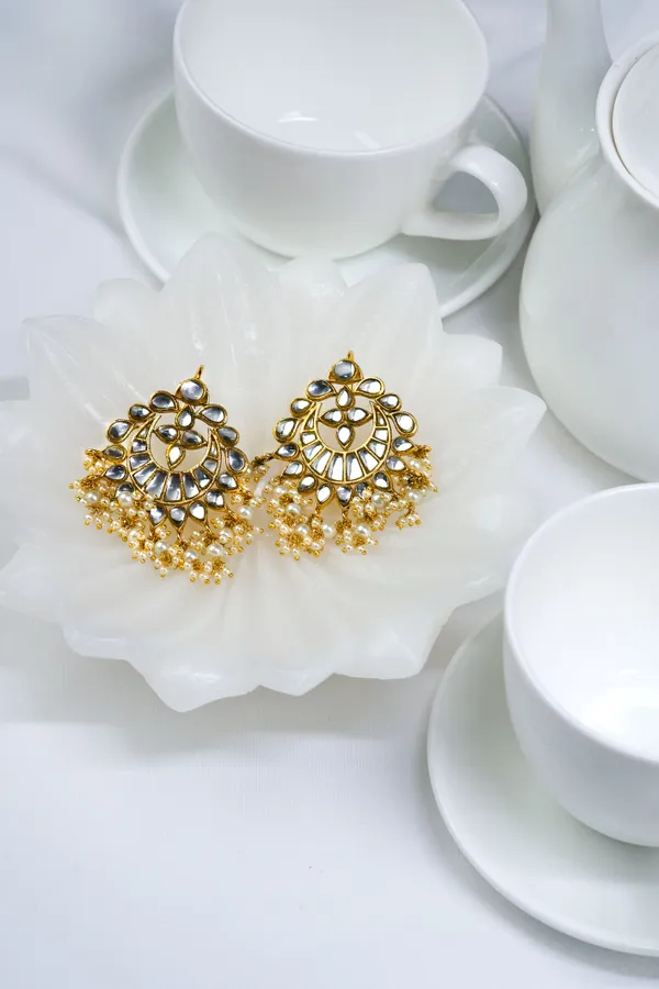 Statement Gold & White Kundan Chandbali Earrings