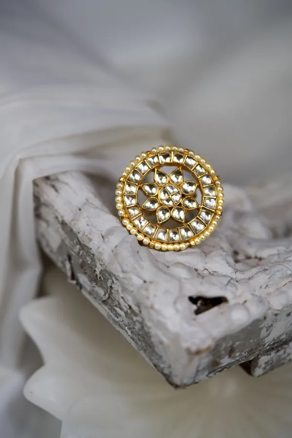 Gold & White Kundan Flower Ring