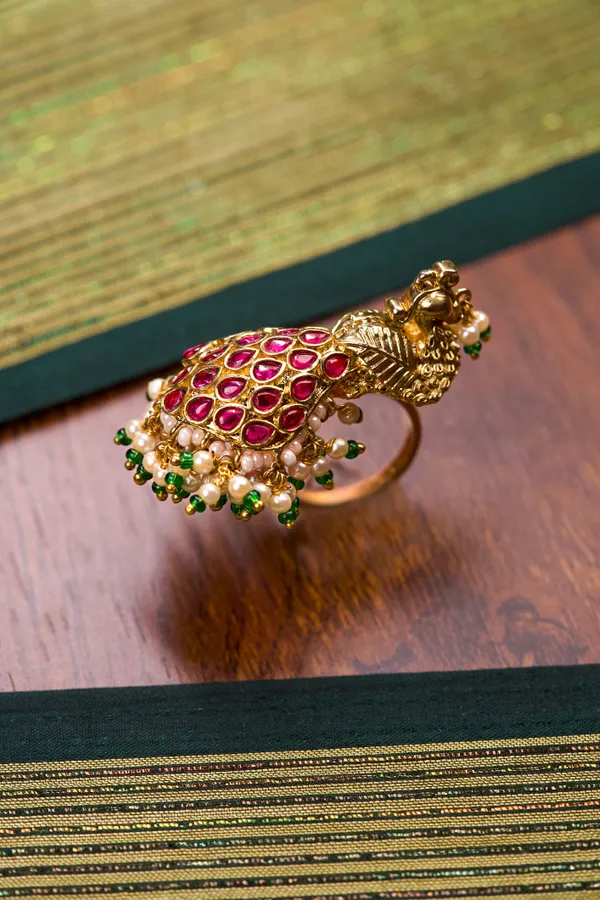 Red Kundan White & Green Pearls Ring