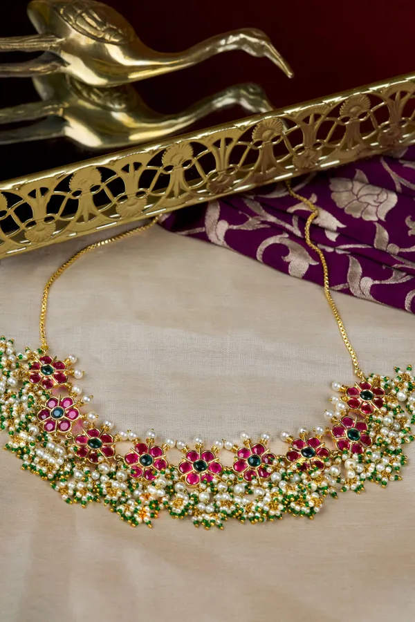 Red & Green Kundan Flower White & Green Pearls Choker Necklace