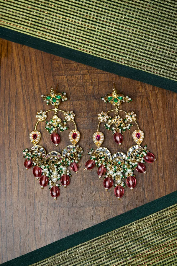 Statement Red & Green Kundan Tourmaline Drops Chandbali