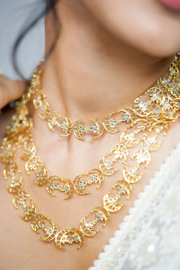 Gold & White Three Layer Kundan Chand Necklace