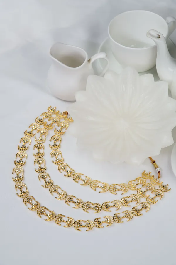 Gold & White Three Layer Kundan Chand Necklace