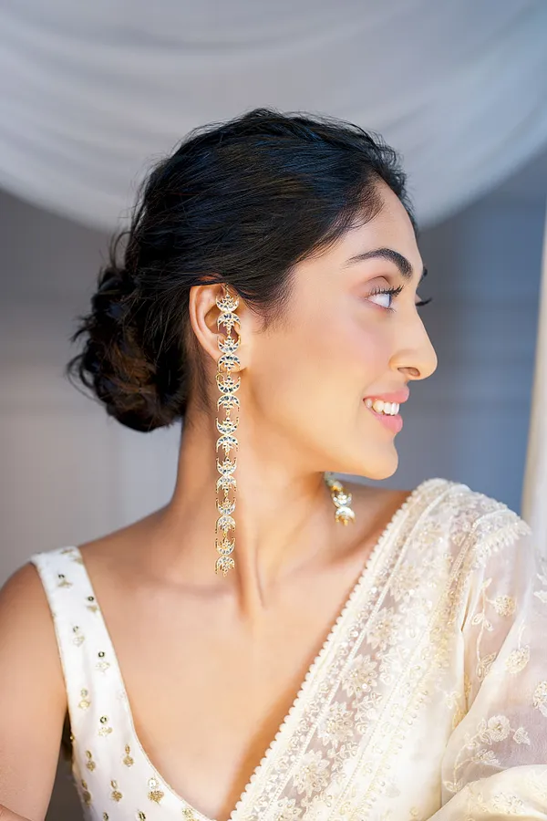 Gold & White Kundan Chand Earrings