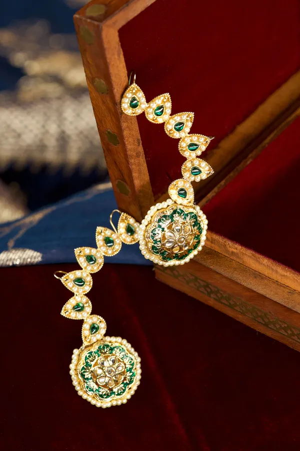 Gold & Green Meenakari Pearls Earcuffs
