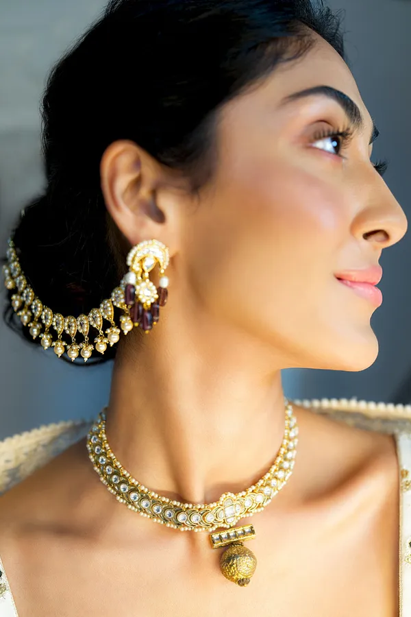 Gold & White Gold Bead Kundan Necklace
