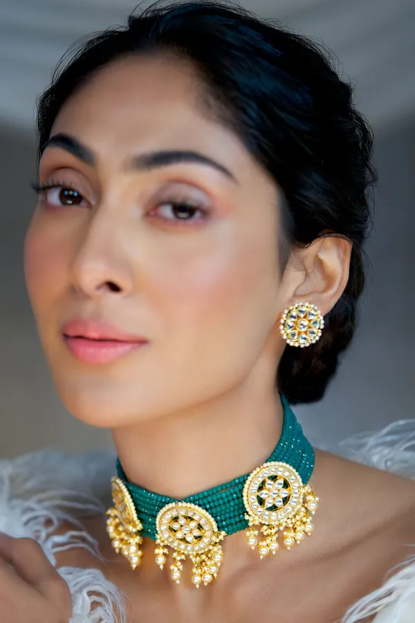 Gold & White Kundan Stud Earrings