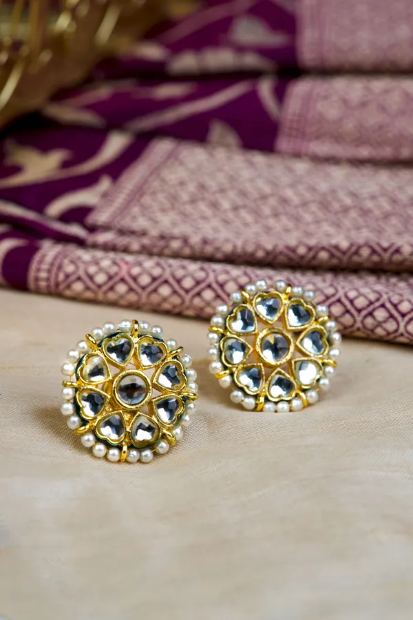 Gold & White Kundan Stud Earrings