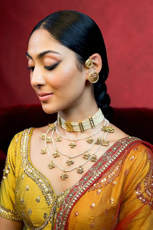 White Kundan Three Line Red & Green Pearls Necklace