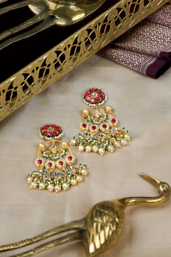 Statement Red Kundan Pearl Drops Chandbali