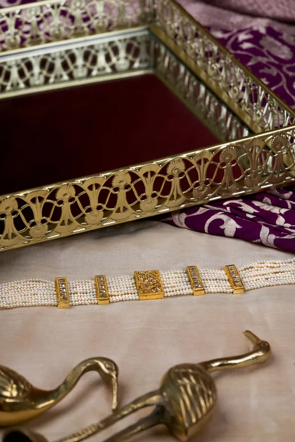 Gold & White Kundan Pearls Choker Necklace