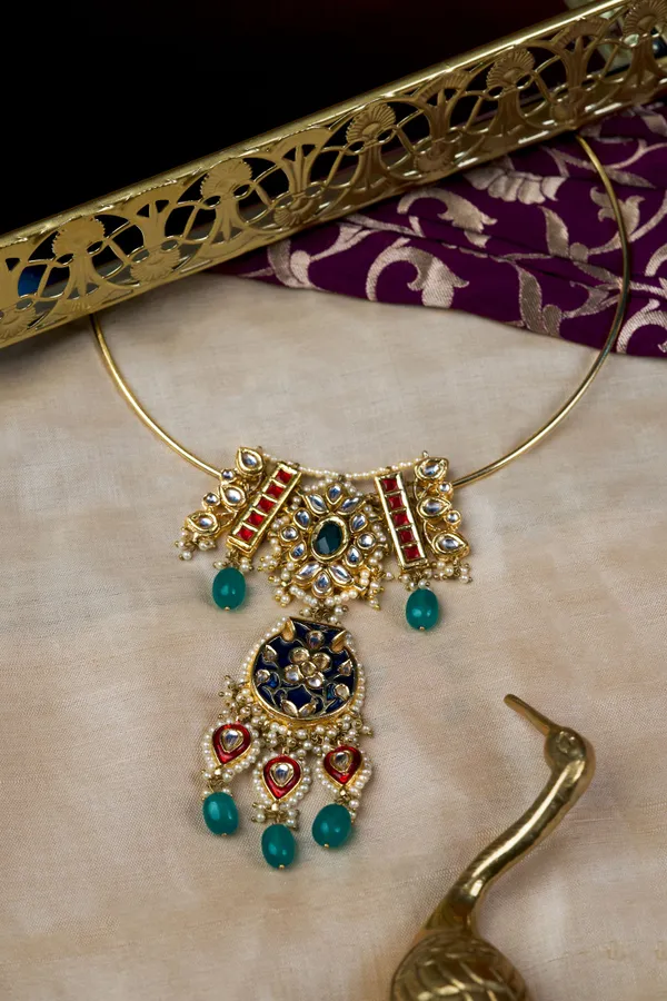 Blue Meenakari Red Kundan Green Drops Hasli