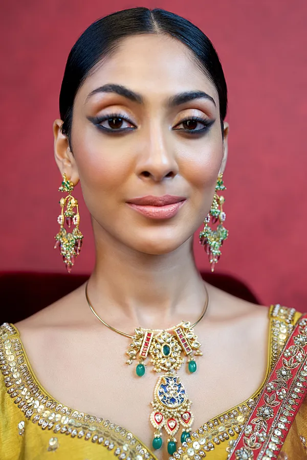 Blue Meenakari Red Kundan Green Drops Hasli