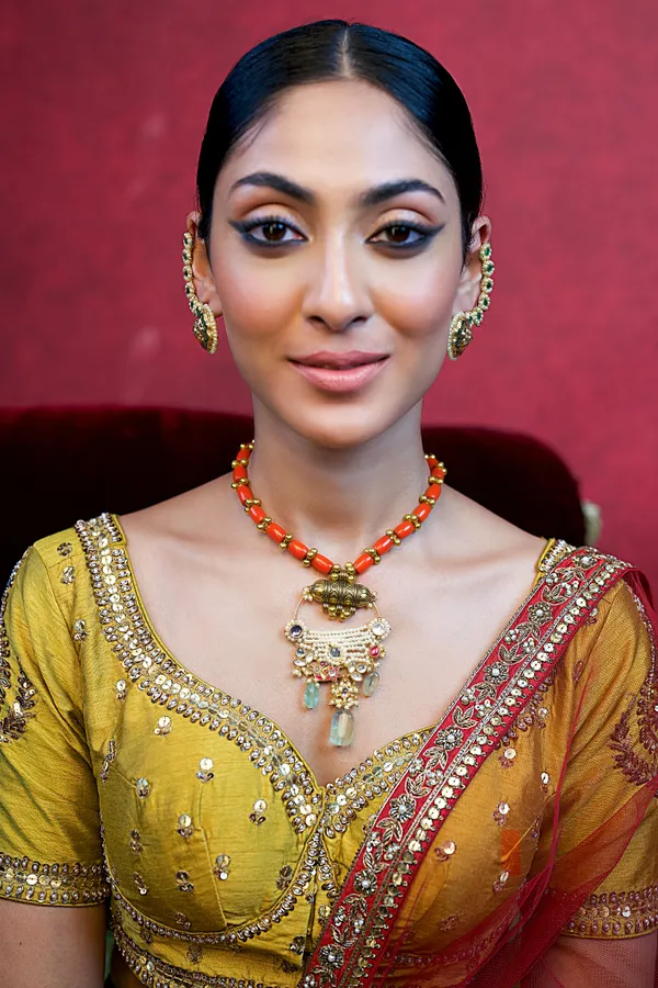 Red Kundan Flower Coral Beads Necklace With Mint Green Drops