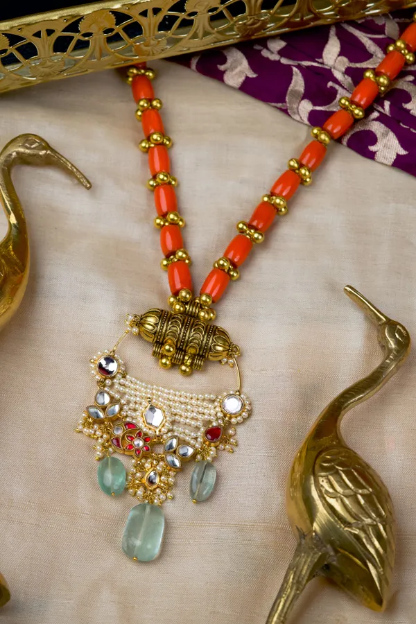 Red Kundan Flower Coral Beads Necklace With Mint Green Drops