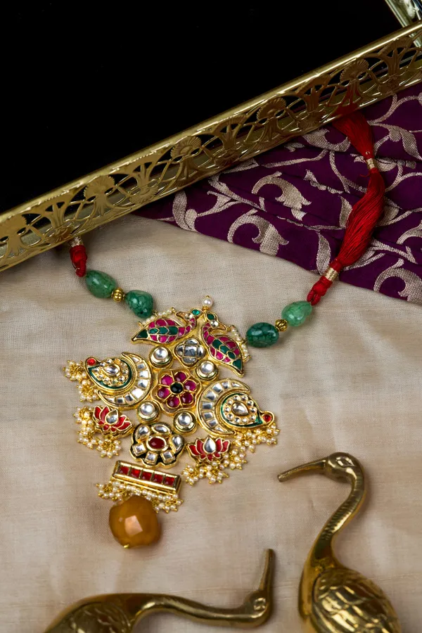 Red & Green Kundan Pink Lotus Paisley Necklace
