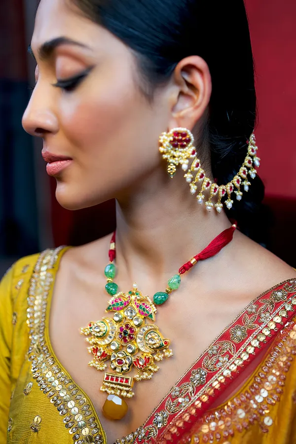 Red & Green Kundan Pink Lotus Paisley Necklace