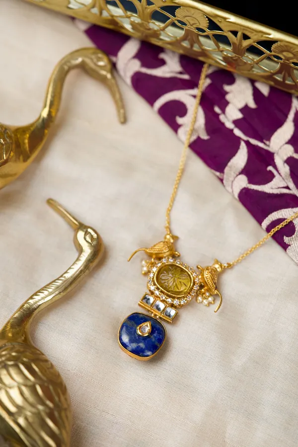 Golden Yellow & Blue Lapis Drop Necklace