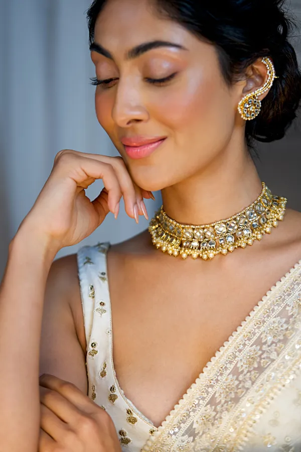 Statement Gold & White Kundan Pearl Drop Necklace