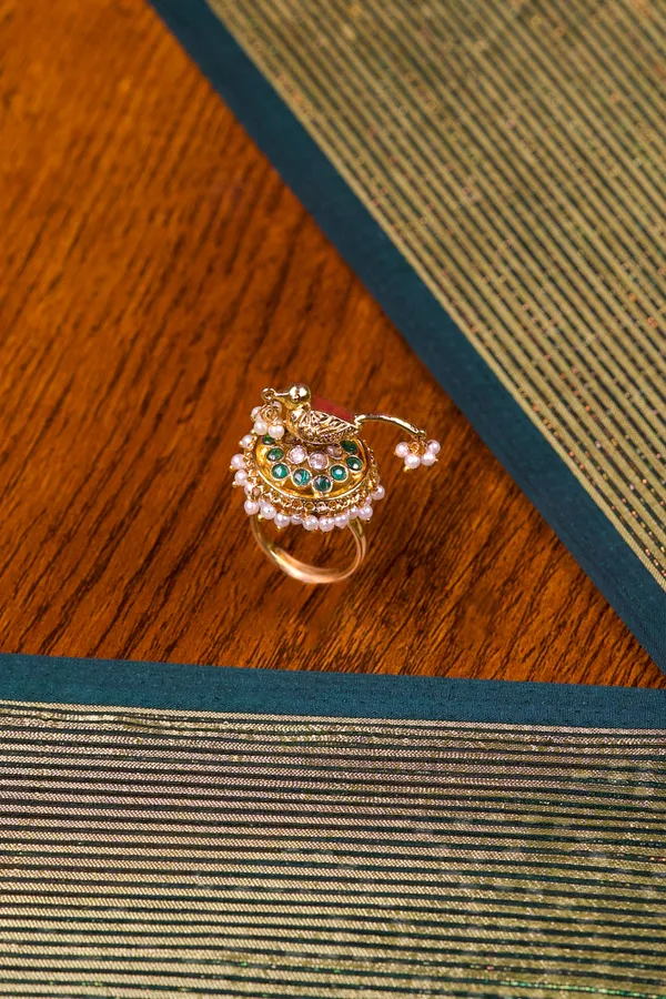 Green Kundan White Pearls Ring