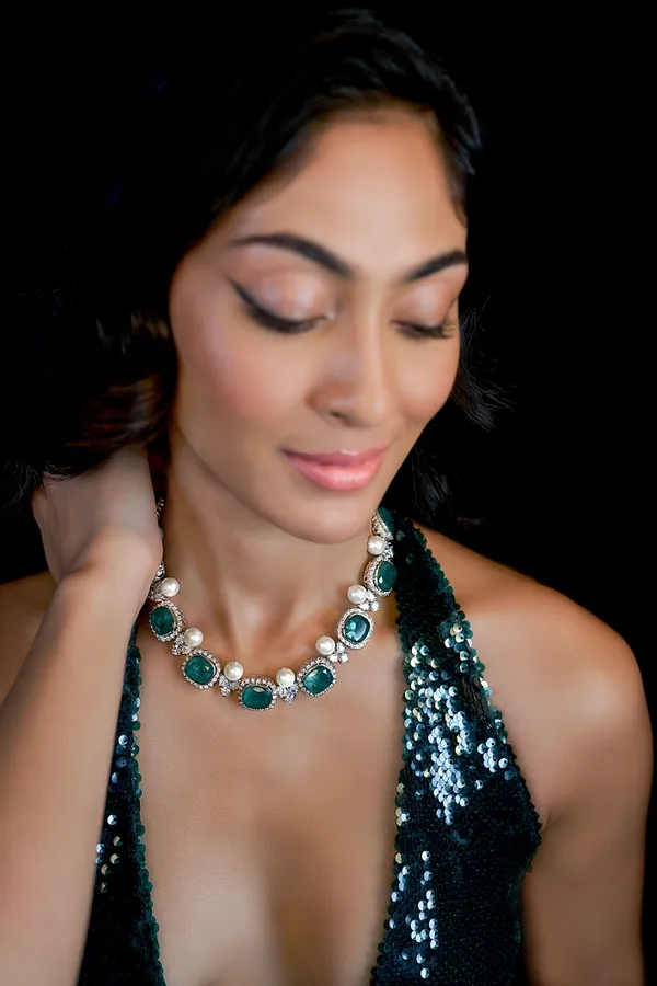 Green Doublet Stone & Pearls Necklace