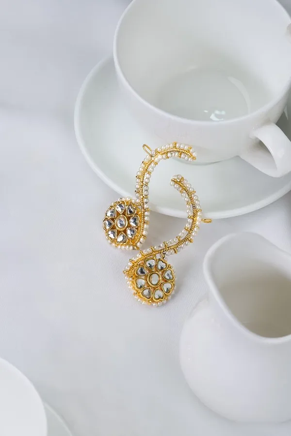Gold & White Flower Kundan Earcuffs