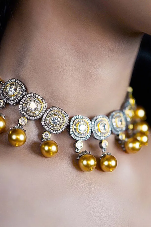 Dual Tone Zirconia Golden Pearls Necklace
