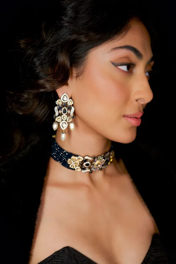 Blue & White Zirconia Pearls Earrings