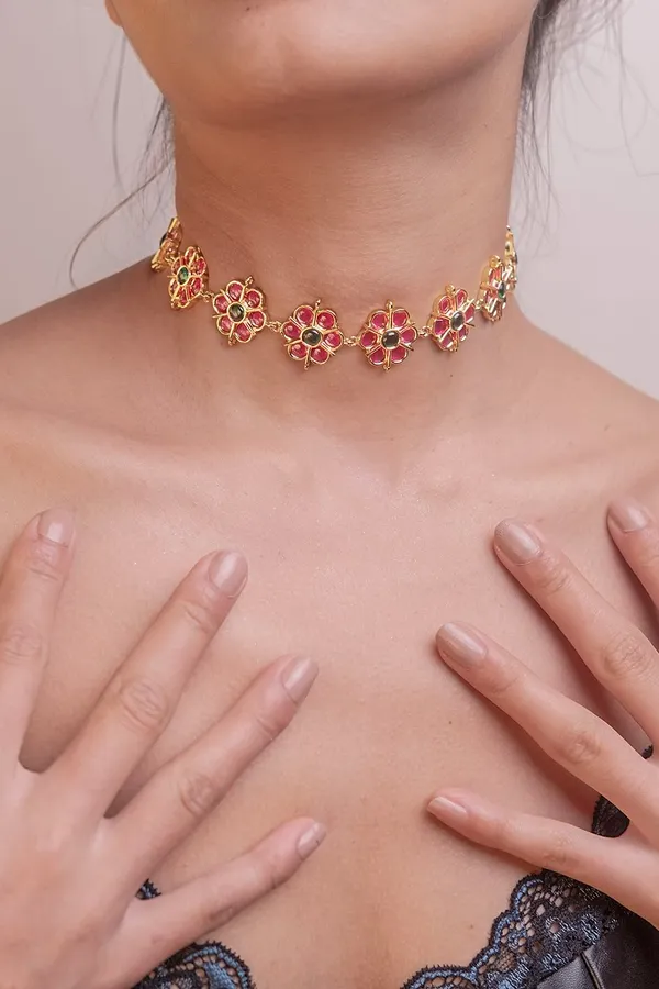 Green & Pink Kundan Choker Necklace